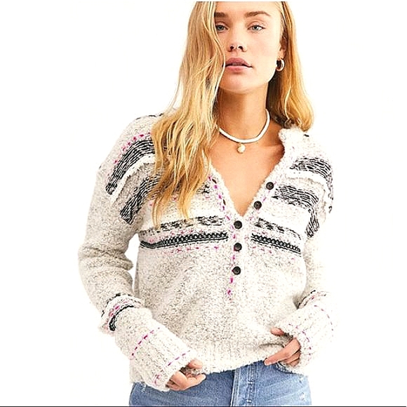 FREE PEOPLE COLOR POP HENLEY PULLOVER SWEATER SZ S EMBROIDERY FRINGE TRIM BOHO - Picture 2 of 15